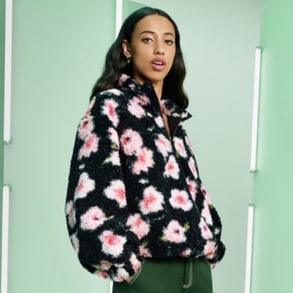 Sandy Liang x Target Black/Pink Floral Print 1/4 Zip Sherpa Jacket